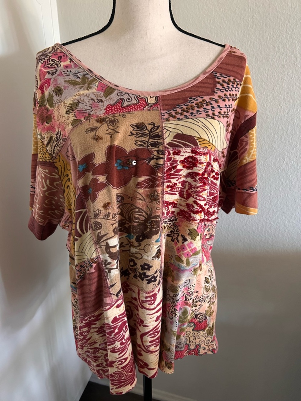 Avenue Floral Patchwork Tee Paisley Pink Brown Yellow Tan Cottagecore Grannycore